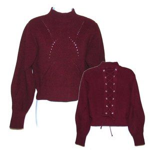 TOPSHOP Lace Up Back Burgundy Winter Thick Eyelet Knit Sweater Sz US 4